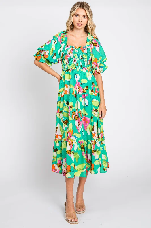 Clothes Of Woman Green Floral Puff Sleeve Midi Dress