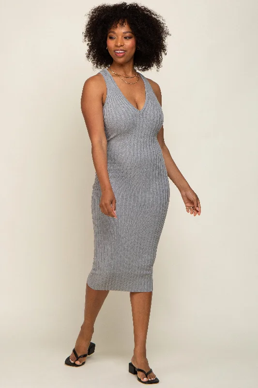 Stylish Everyday Clothing Heather Grey Ribbed Knit Fitted V-Neck Midi Dress