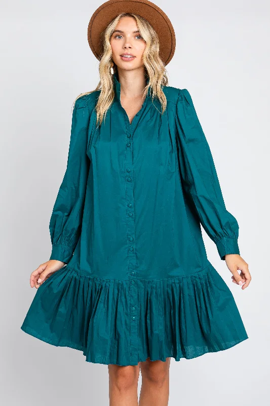 High End Fashion Hunter Green Button Down High Neck Long Sleeve Dress