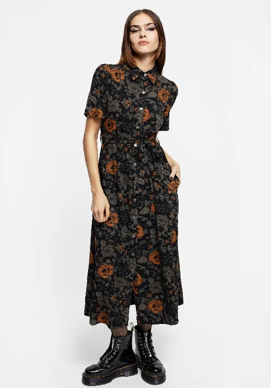 Elegant Fashion Mortify Floral Print Midi Shirt Dress