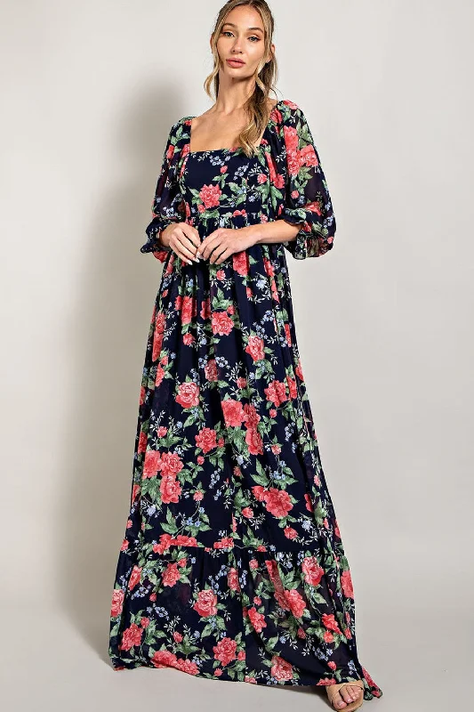 Women Wear Brands Navy Blue Floral Chiffon Square Neck 3/4 Ruffle Sleeve Maxi Dress