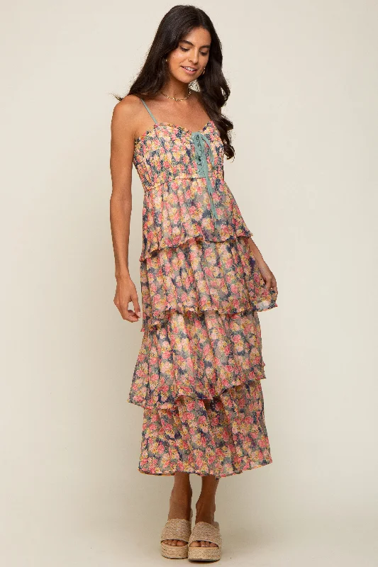 Exclusive Discounts Navy Floral Sleeveless Tiered Maxi Dress