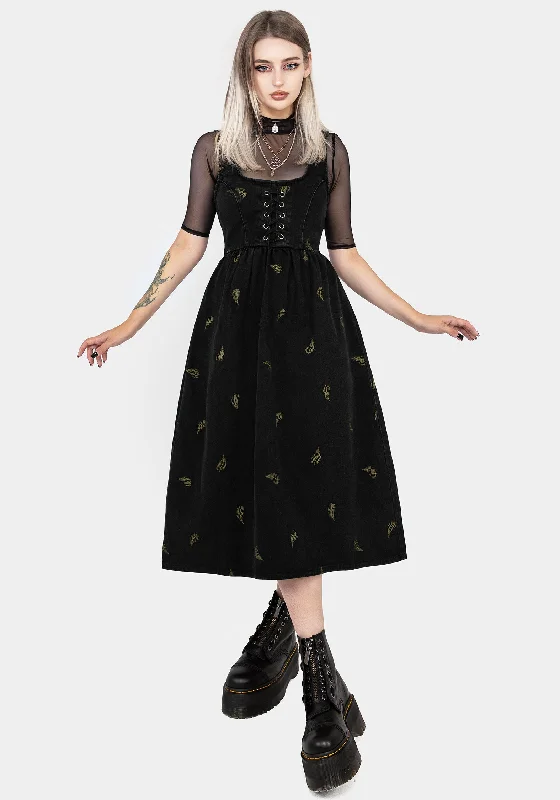 Trendy Pulse Osmunda Fern Embroidered Lace Up Midi Pinafore Dress