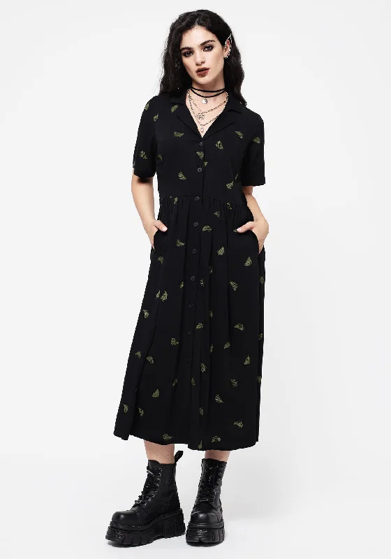 Elegant Styles Osmunda Fern Embroidered Midi Shirt Dress