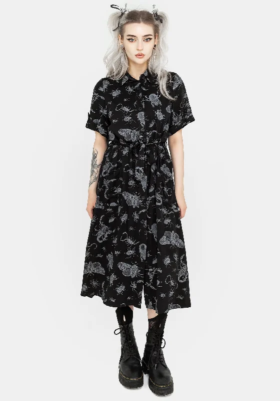 Limited Time Offer Parasite Bugs Short Sleeve Midi Shirt Dress - Black