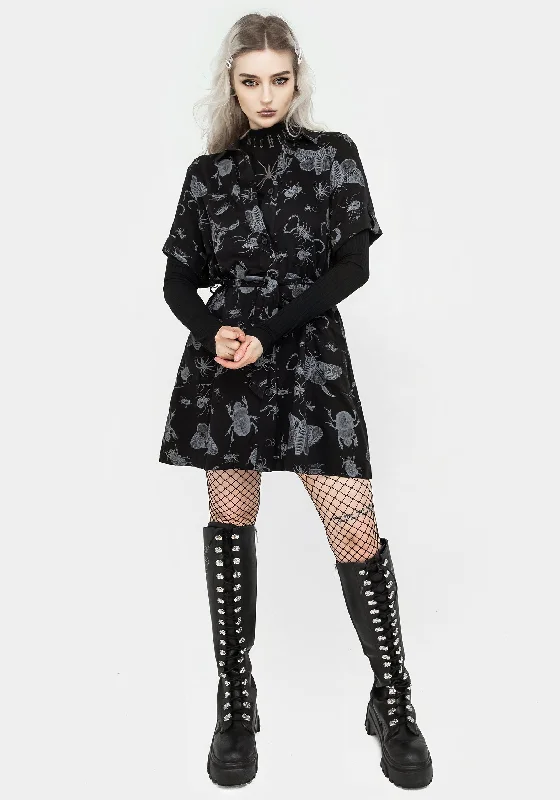 Glamorous Evening Wear Parasite Bugs Short Sleeve Mini Shirt Dress - Black