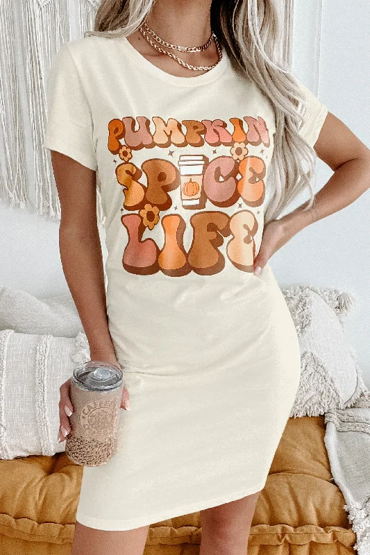 High End Fashion "Pumpkin Spice Life" Graphic T-Shirt Dress (Cream) - Print On Demand