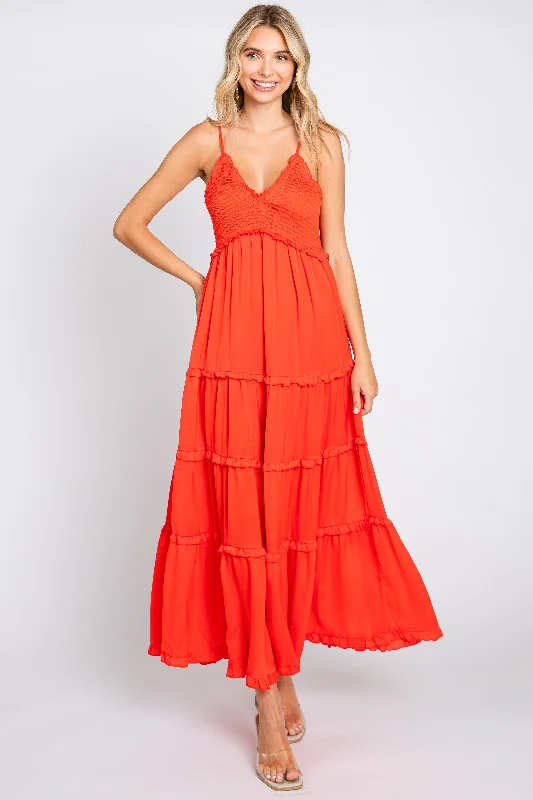 Chic Outfits Red Orange Smocked Ruffle Tiered Maxi Dress