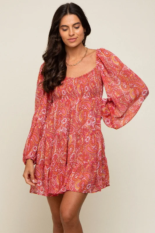 Luxury Fashion Red Paisley Tiered Long Sleeve Mini Dress