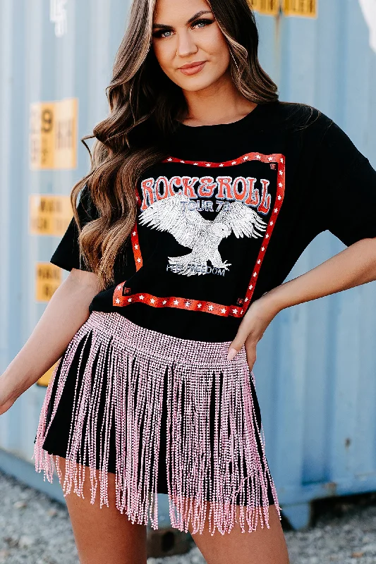 Elevate Your Wardrobe "Rock & Roll Tour" Oversized Graphic T-Shirt Dress (Black) - Print On Demand