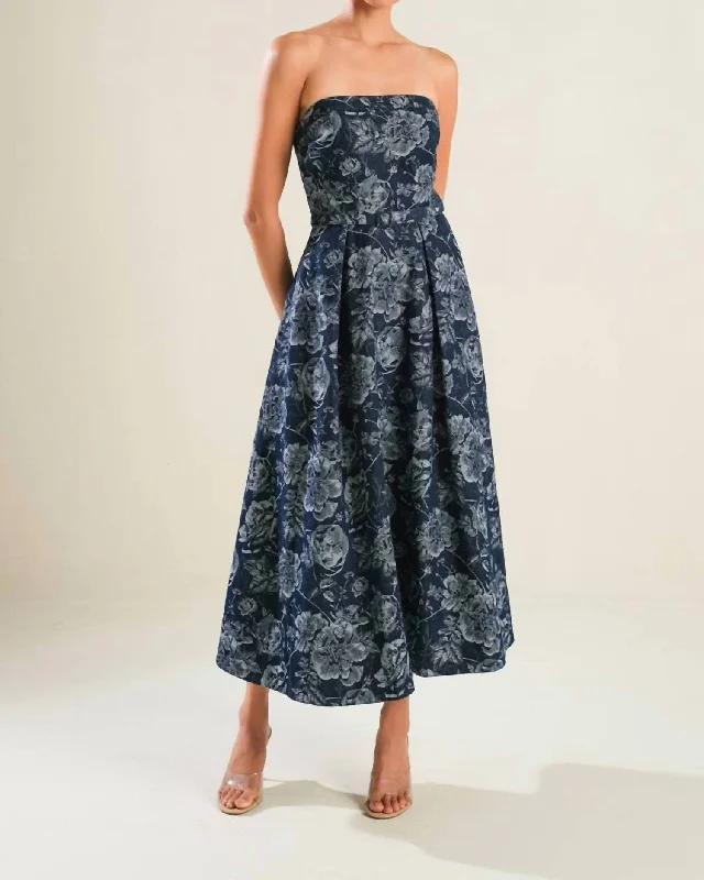 City Fashion Strapless Jacquard Midi Dress In Denim