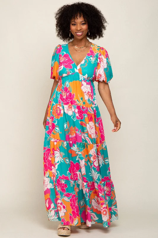 Big Discounts Teal Floral Puff Sleeve Tiered Maxi Dress