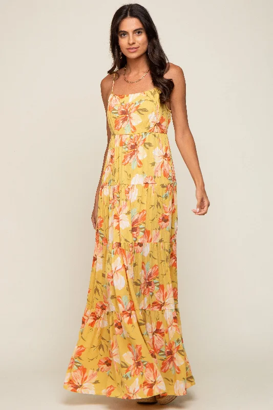 Vibrant Femme Fashion Yellow Floral Sleeveless Tiered Maxi Dress