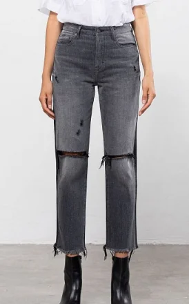 Trend Forward Threads For Her Charcoal & Black Two Tone Distressed Straight Fit Jeans